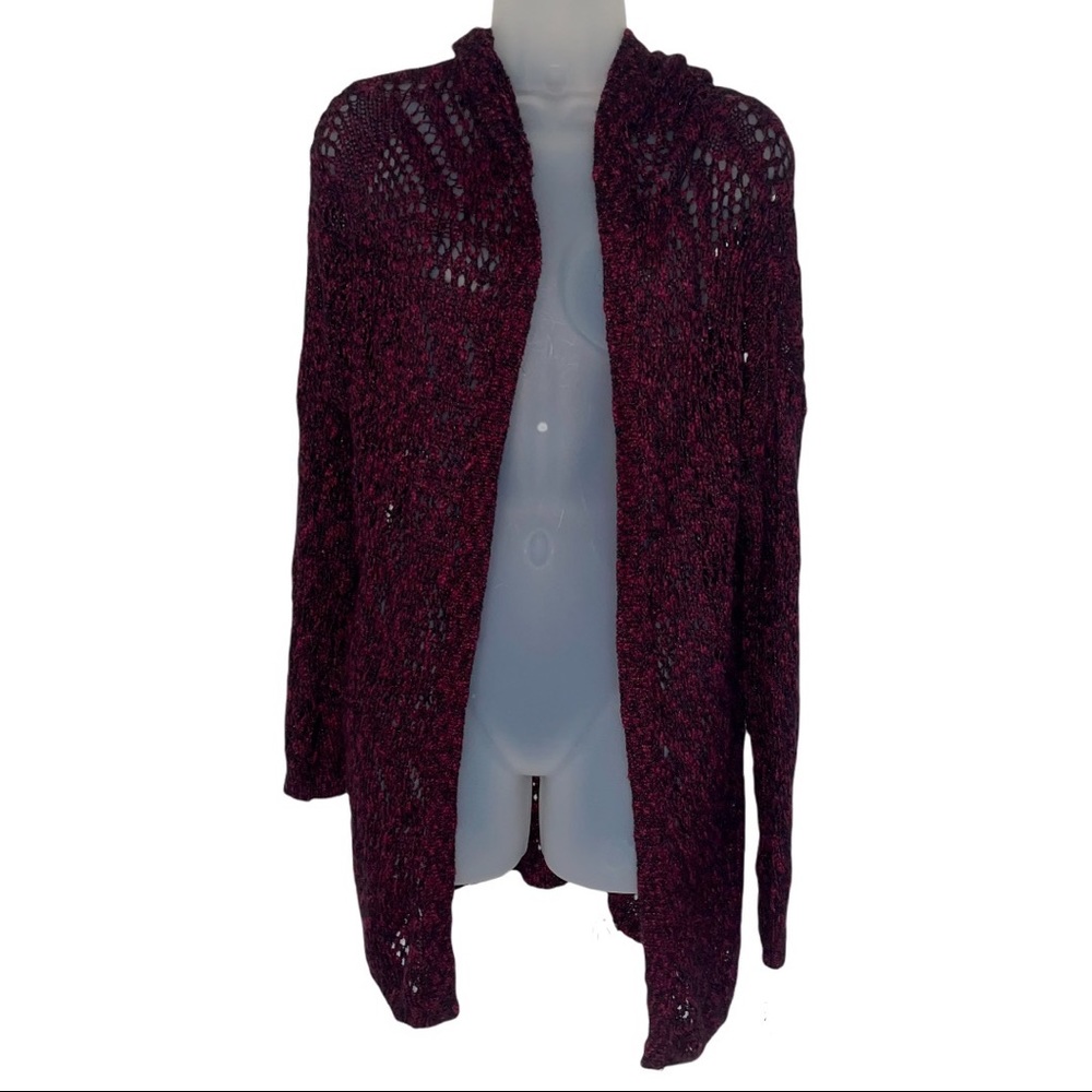 Open Knit Long Cardigan Sweater Hooded Layering Burgundy Black L Maroon HoBo